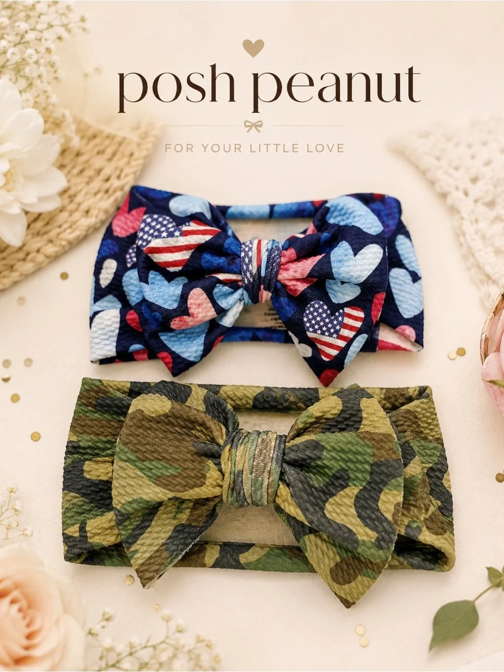 Posh Peanut Liberty Patriotic Hearts & Camo OS Headwrap Bow Bundle